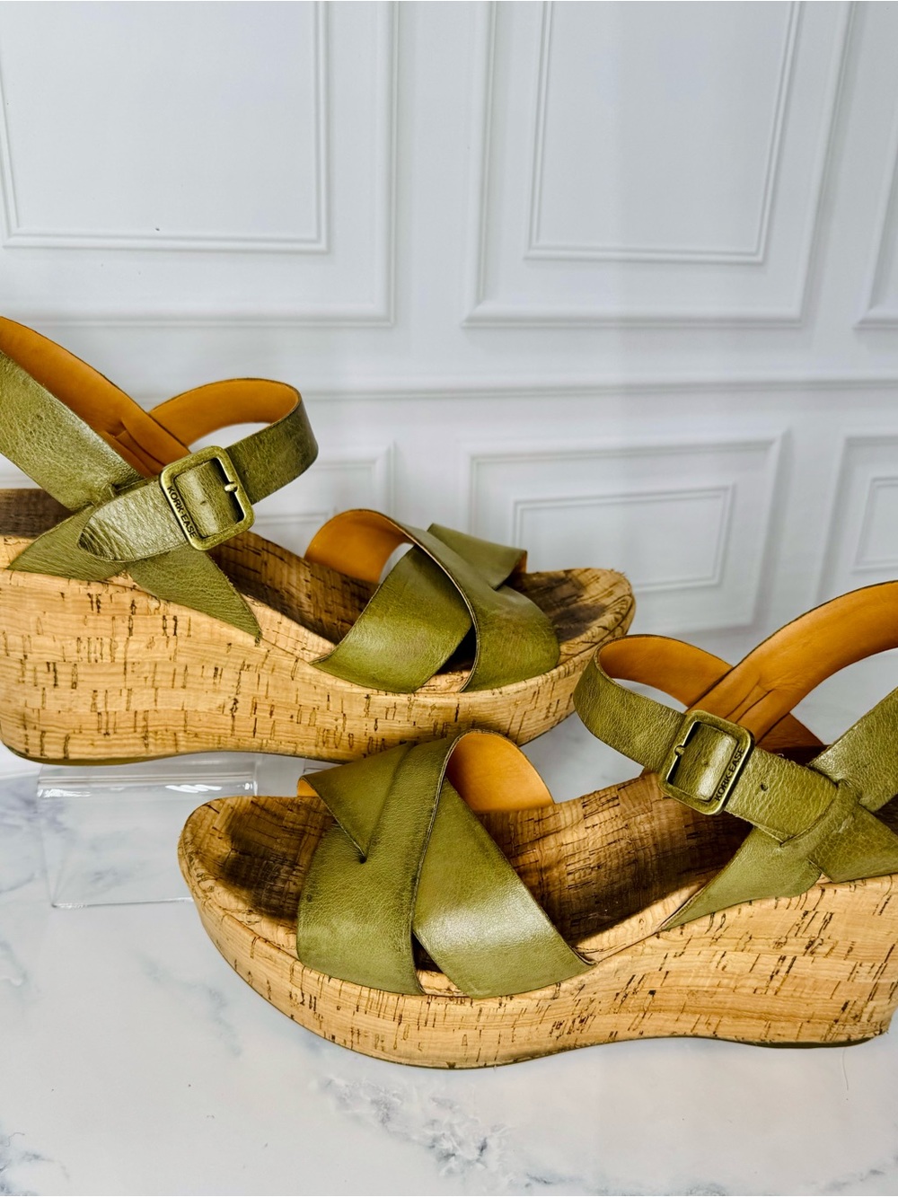 Kork-Ease Myrna Olive Green Leather Cork Wedge Sandals 10M - Picture 3 of 14